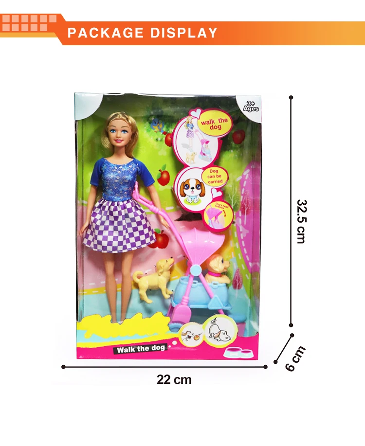 High quality 11.5 inch Solid body doll walking the dog cheap doll accessories set