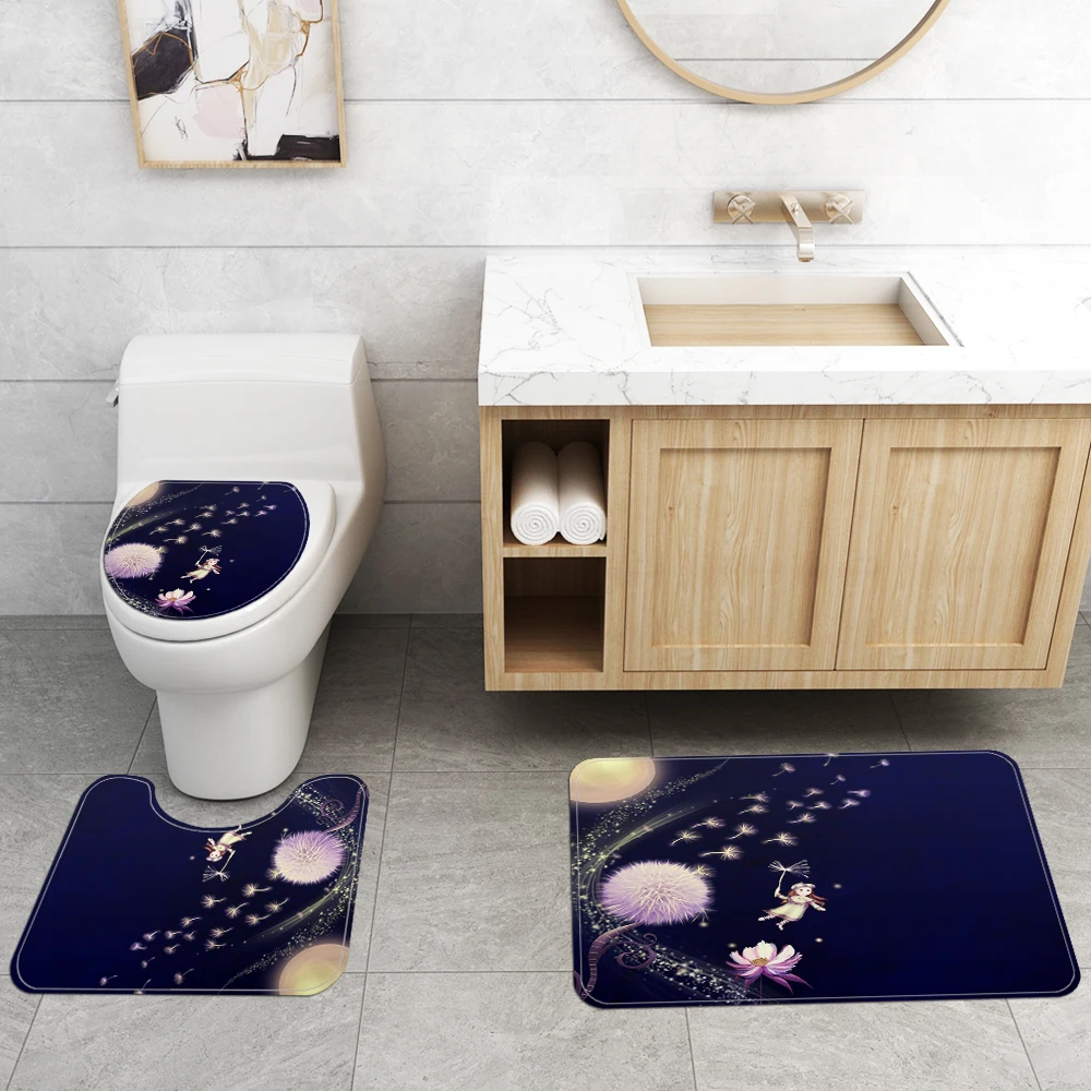 dandelion Anti Slip Bathroom Rug 4 Piece Set Custom print Shower curtain