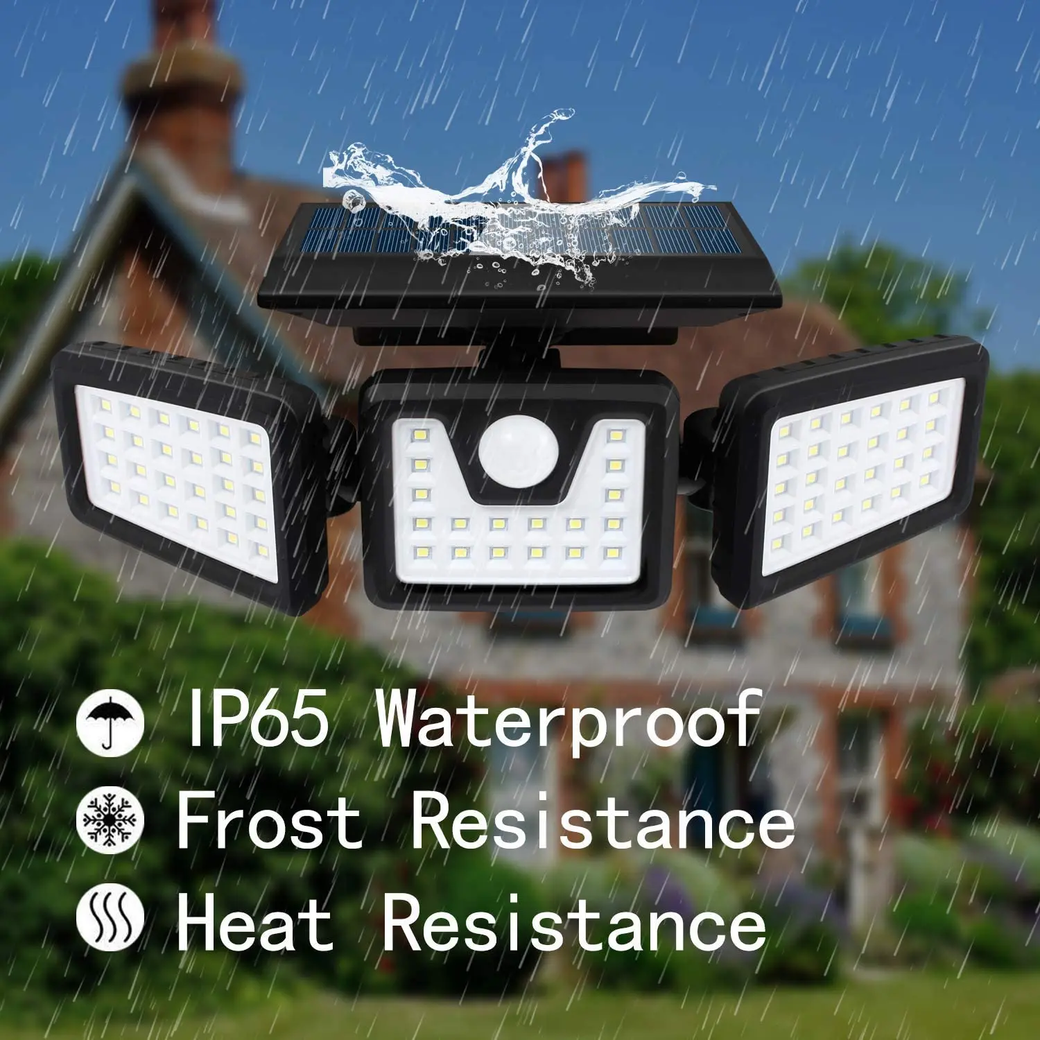 Outdoor IP65 Waterproof 3 Head Motion Sensor Solar Security Lights 360 degree Rotatable 72LED Spotlights for Garden supplier