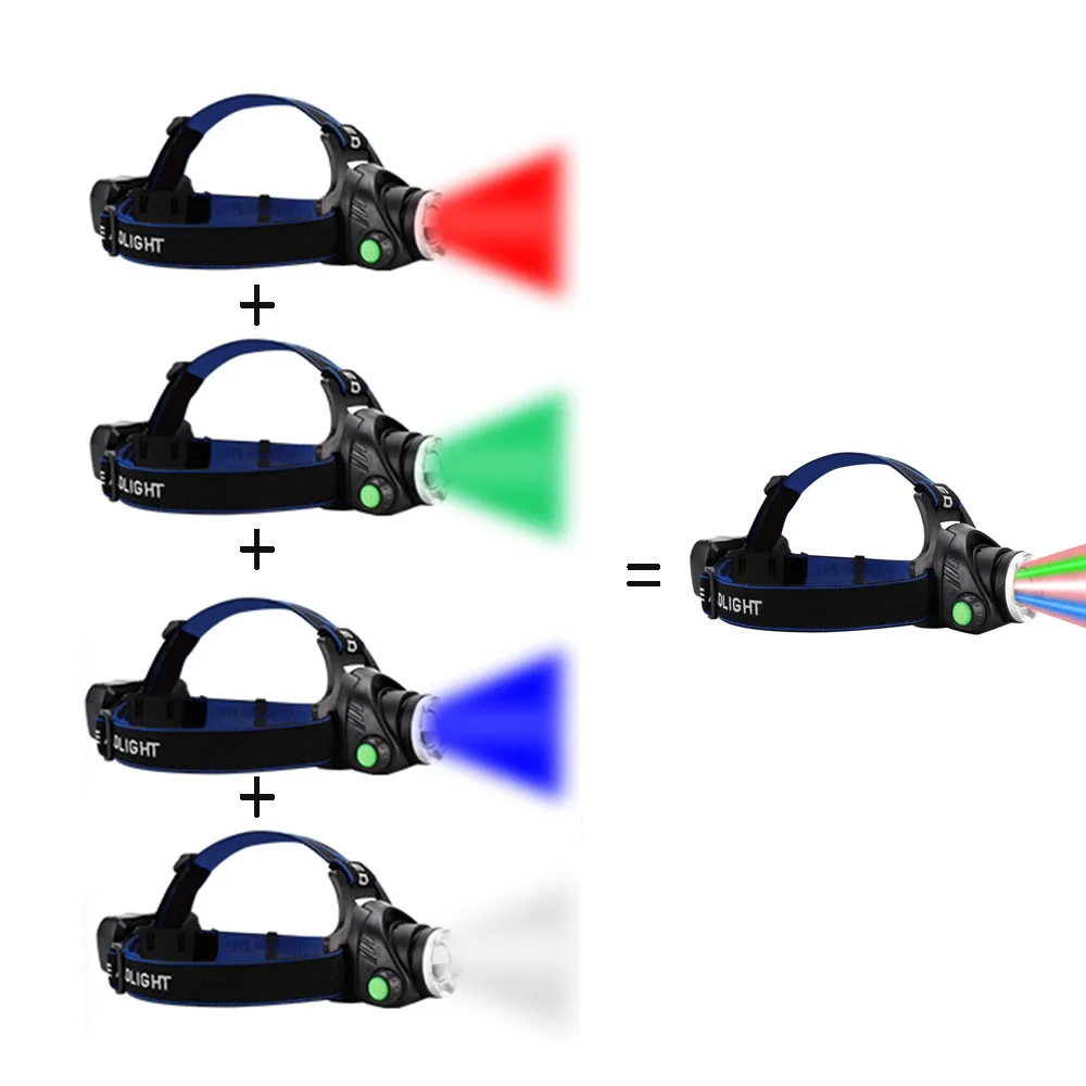 High Power Rgbw Led Headlamp Rechargeable Multicolor Red White Green