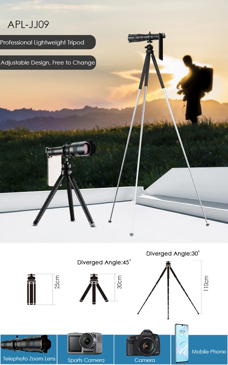 APEXEL new 60X 50X zoom telephoto lens for iPhone 11 Samsung S10 mobile phone camera lens telescope with tripod stand