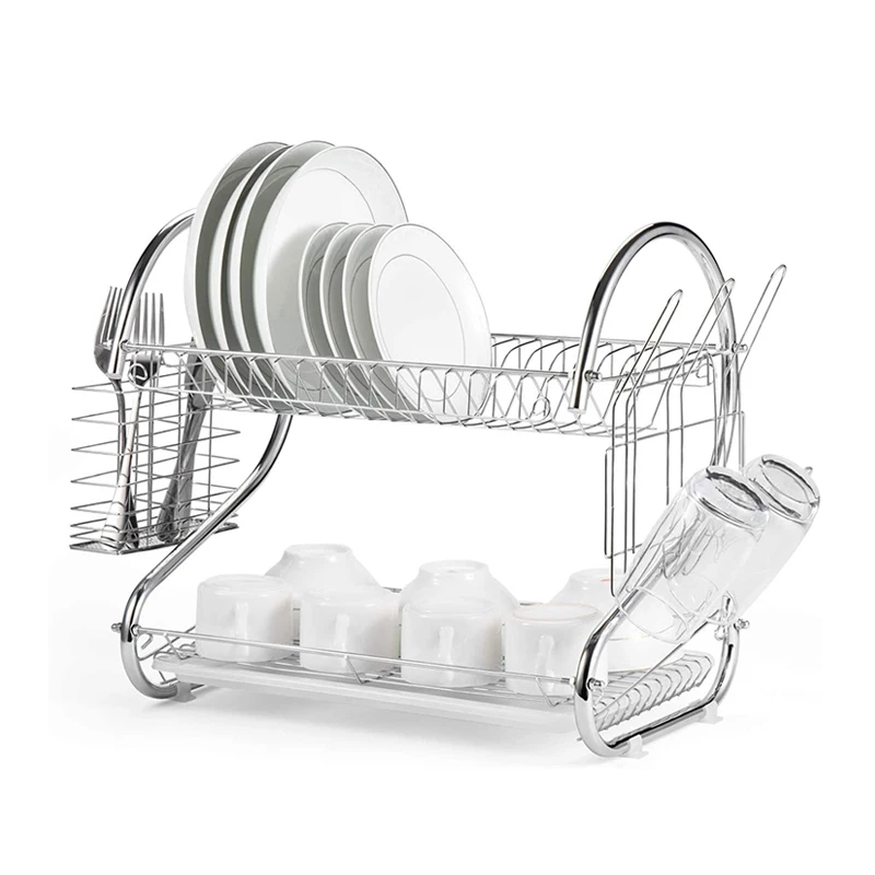 2 TIER CHROME PLATE DISH CUTLERY CUP DRAINER RACK DRIP TRAY HOLDER BLACK 