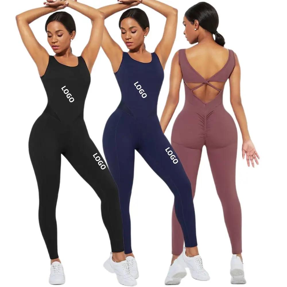 

Top Quality Yoga Bodysuit Breathable Workout Jumpsuit Criss-Cross Back One Piece Yoga Set Long Jumpsuit For Women