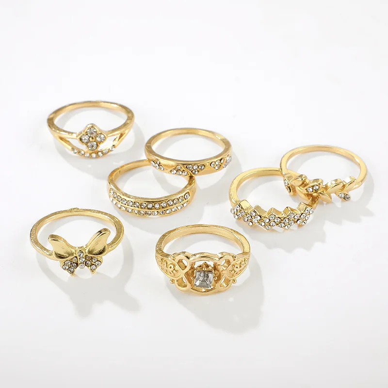 7Pcs/Set Bohemian Retro Jewelry Butterfly Knot Crystal Carved Geometric Gold Ring Set for Women