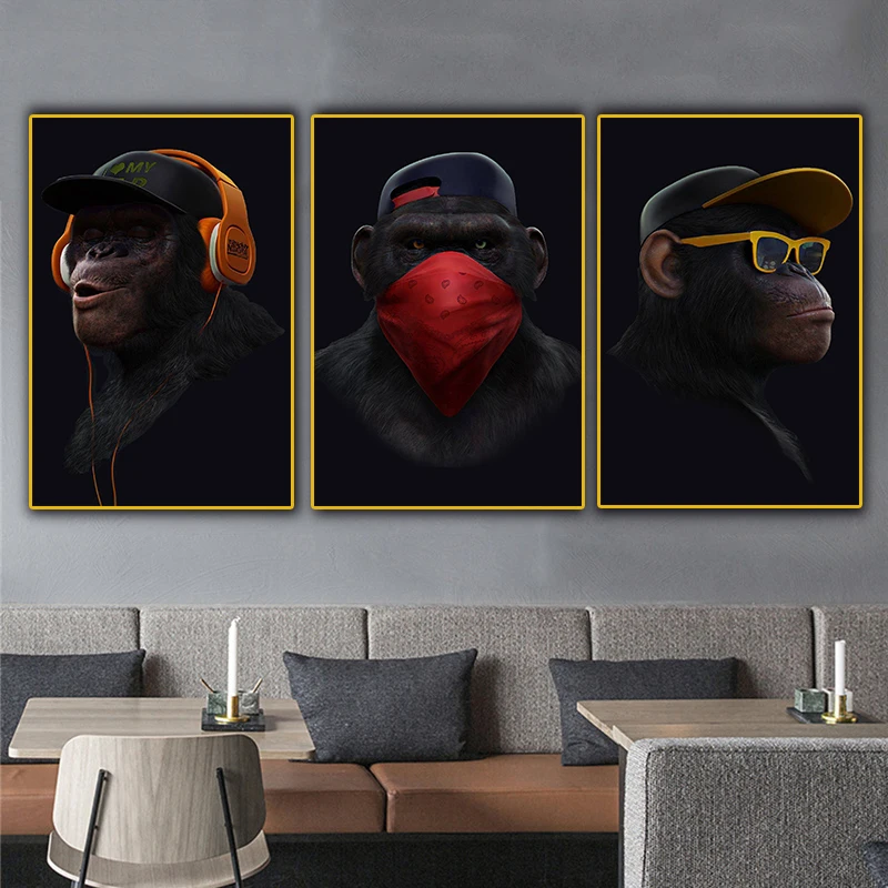 The Shrewd 3 Wise Swag Chimp Canvas Wall Art On A Black Background Is ...