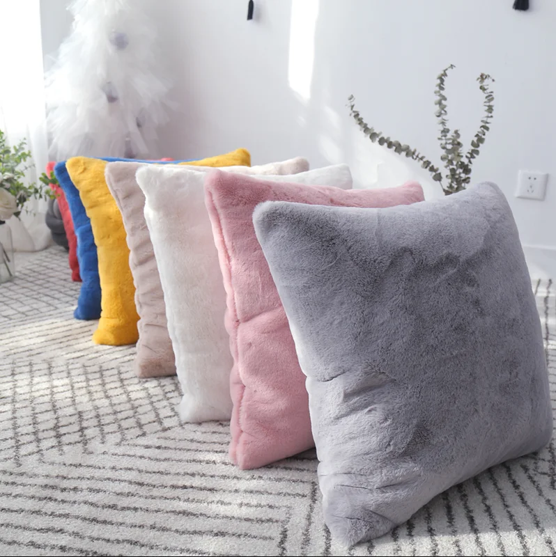 Tan Rabbit Fur Pillow Cover - 24x24 Inch Square Throw Cushion Case