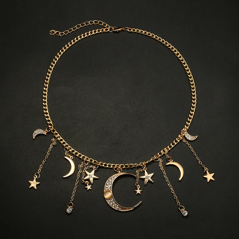 Star and Moon Tassel Pendant Chain Necklace Choker Boho Women Shiny Rhinestone Star Moon Tassel Charm Pendant Collar Necklace Gi