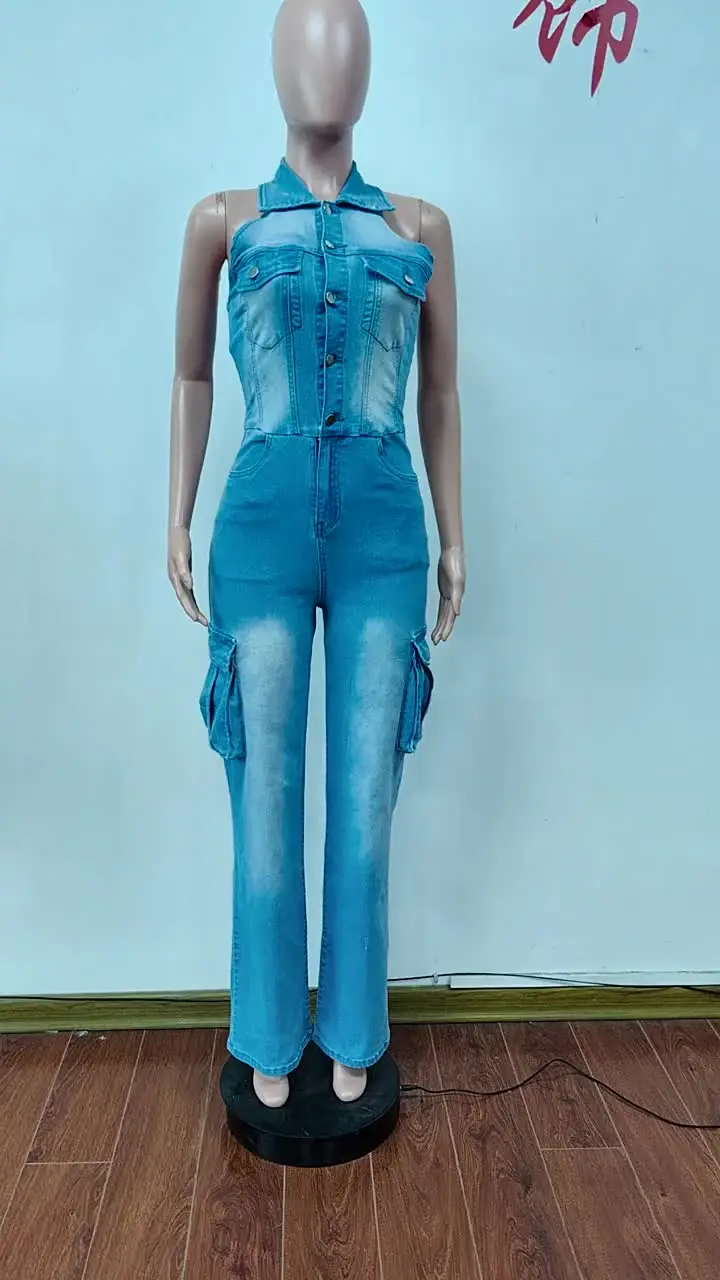 Blue Denim Fashion Straight Pants One Piece Jumpsuits Women Washed