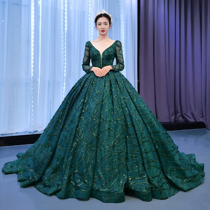 AL1187 Elegant Women's Evening Gown Long Sleeve Beaded Sequin GREEN Wedding Dress with Crystal Decoration AL1187 Elegant Women's Evening Gown Long Sleeve Beaded Sequin GREEN Wedding Dress with Crystal Decoration