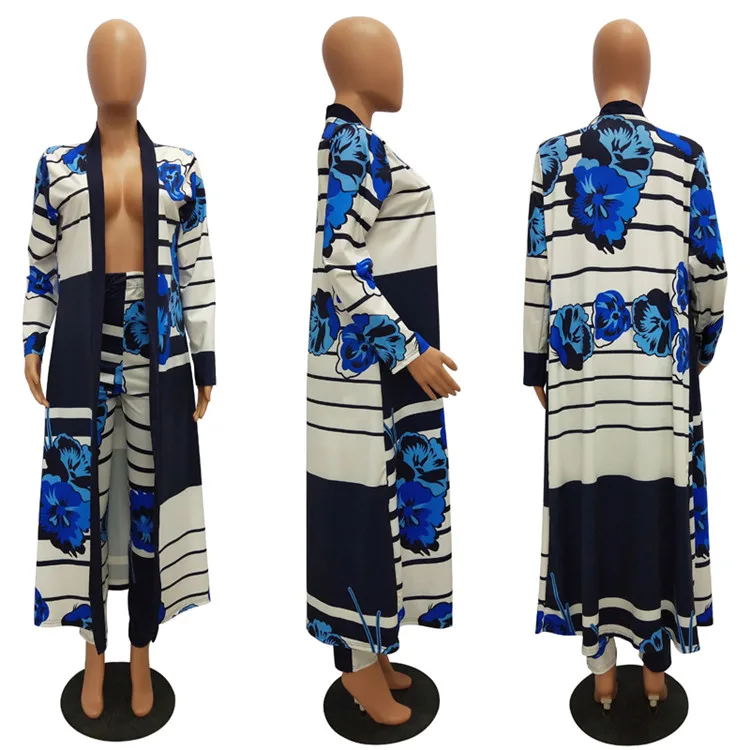 SACM202 print trendy long coat and pencil pants women casual suit ladies 2 piece set