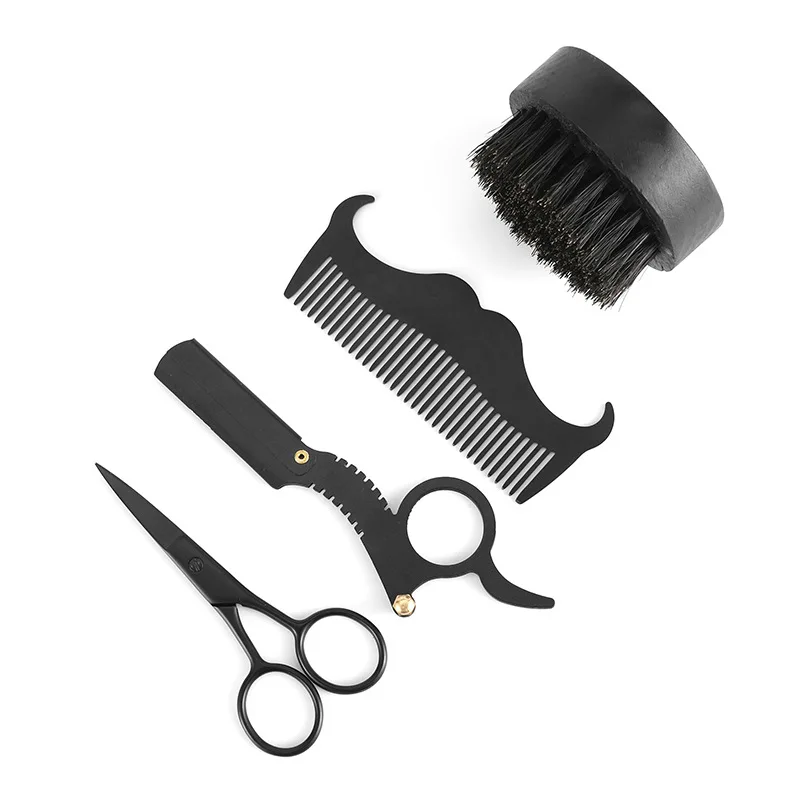 Mens Black Beard Grooming Kit With Hair Brush Metal Comb Haircut Razor