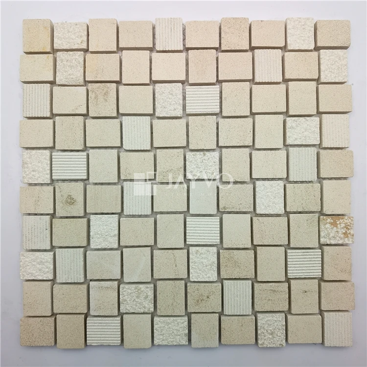 Textured Beige Marble Flooring Pattern Fossil Wood Stone Mosaic Chevron mosaic tile high quality OEM cube 3d mosaic tile