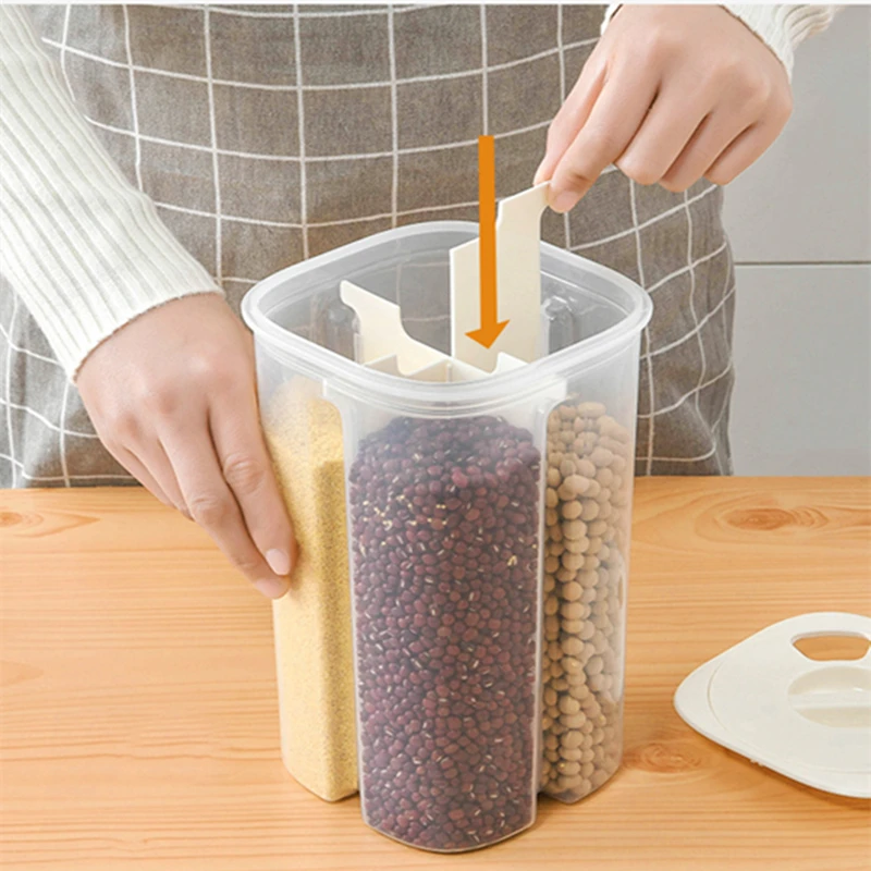 Kitchen Grain Storage Box Plastic Food Container Airtight Can with 4 Divided Compartments for Pasta Rice Dried Fruits manufacture