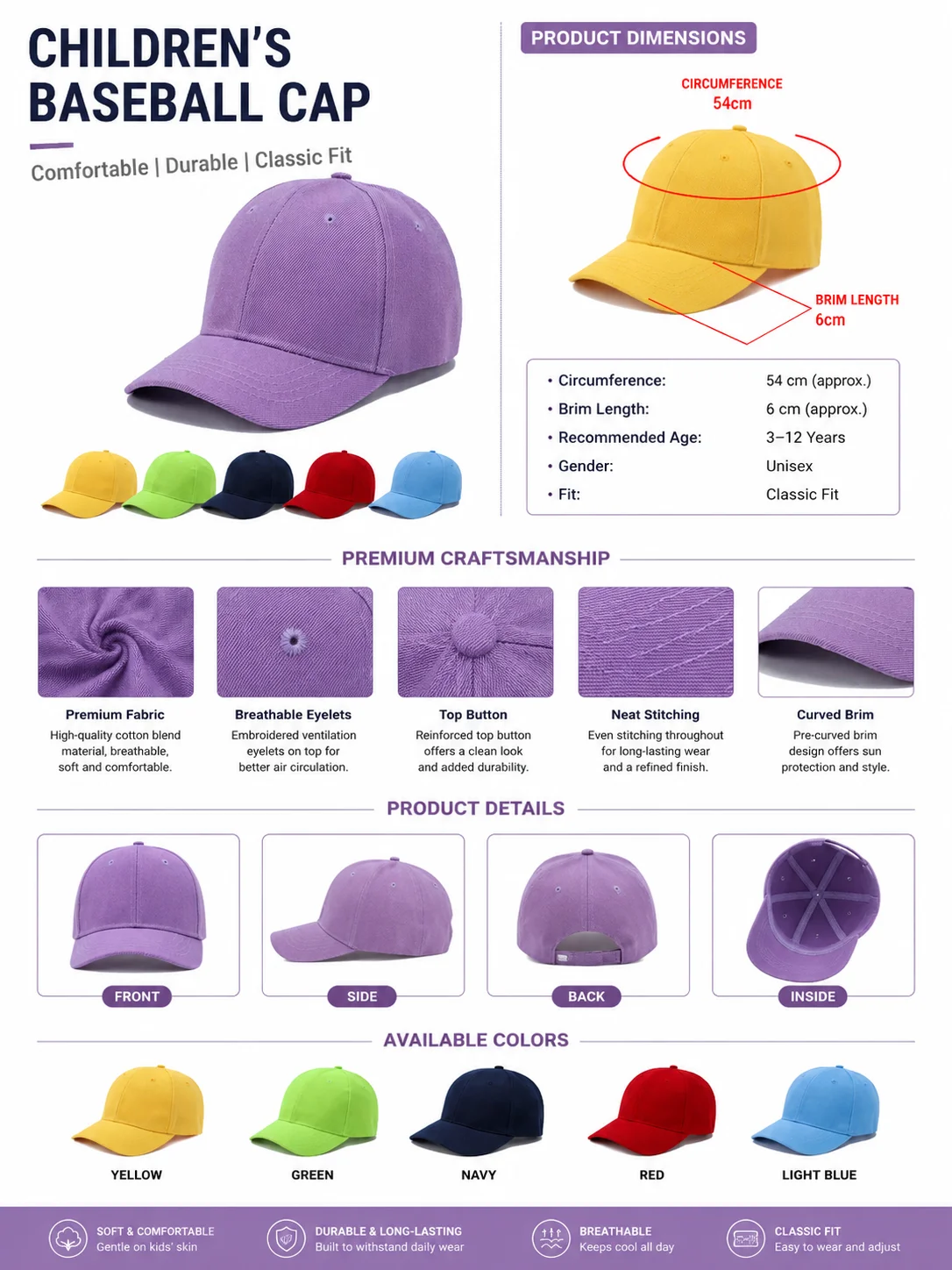 Kids Baseball Hat Embroidered Logo Sun Protection Breathable Adjustable Lightweight OEM