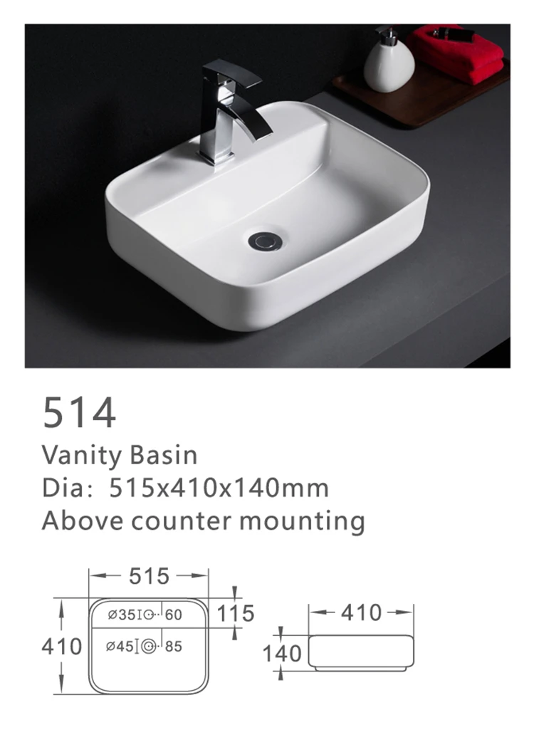 514 Classic sanitary ware rectangular table mounted ceramic vessel basins
