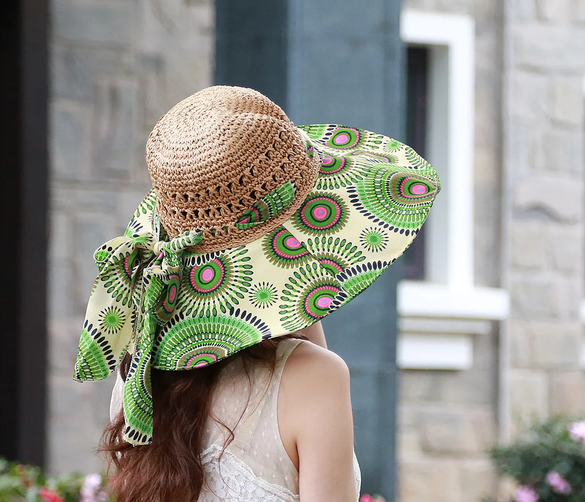 2021夏季圆形钩针纸冠花印花面料软边uv保护防晒旅游女女士沙滩帽