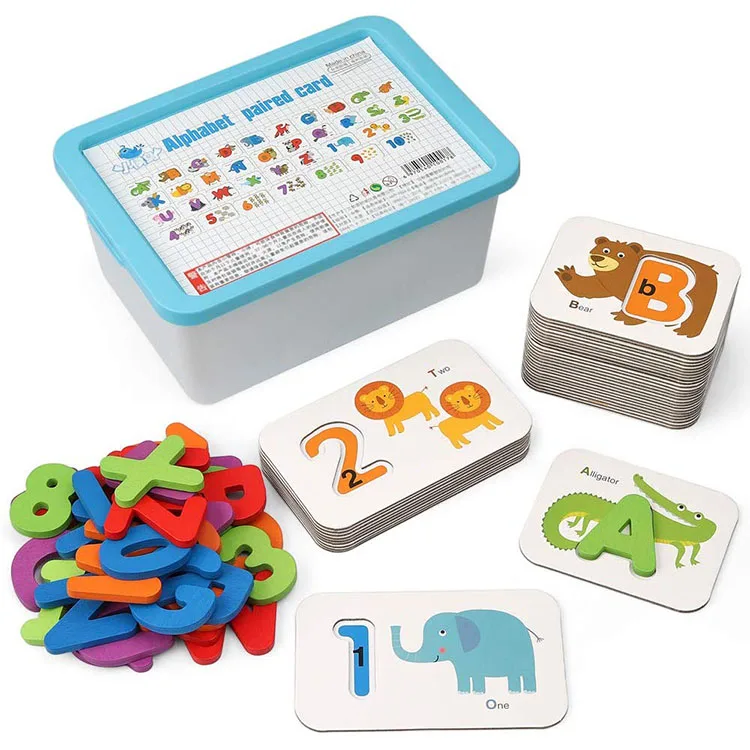 
Montessori Educational Toy Matching Puzzle Game Wooden Letters and Numbers Animal Card Board 
