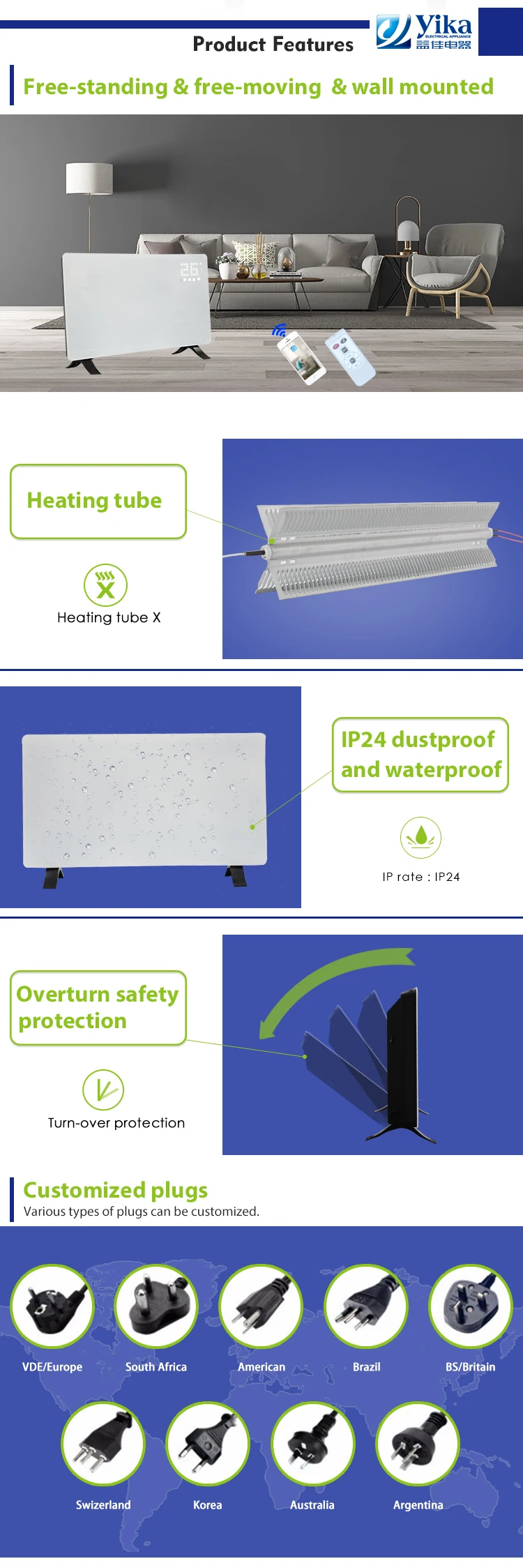 Display touch control 220v 2400w panel convector heater with wifi