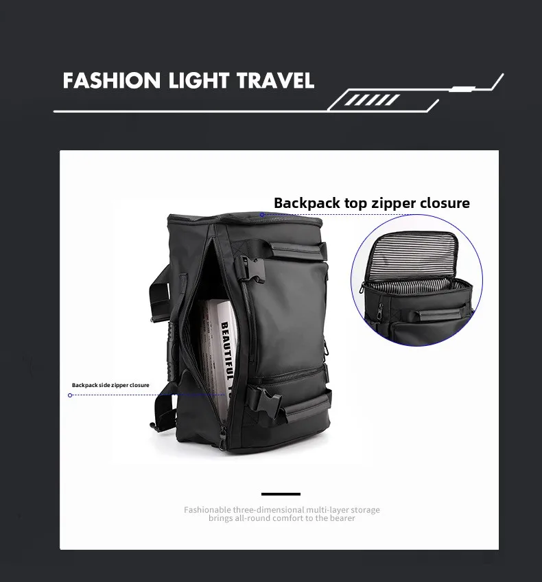 Men's Large Capacity Waterproof GPS Backpack Multifunctional PU Laptop Bag Zipper Handheld Business Travel Crossbody Polyester