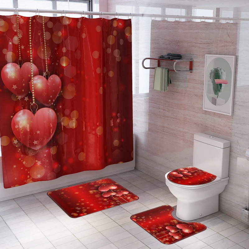 Valentine's day New Shower Curtain Lid Toilet Cover Bath Mat Rug with Hooks Bathroom Accessory Sets