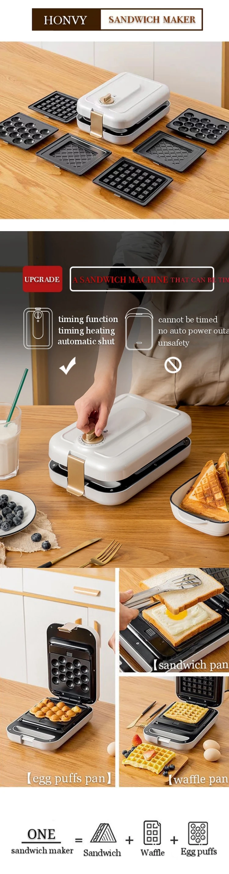 Portable Mini 3 In 1 Press Sandwich Maker Detachable Timing Functional