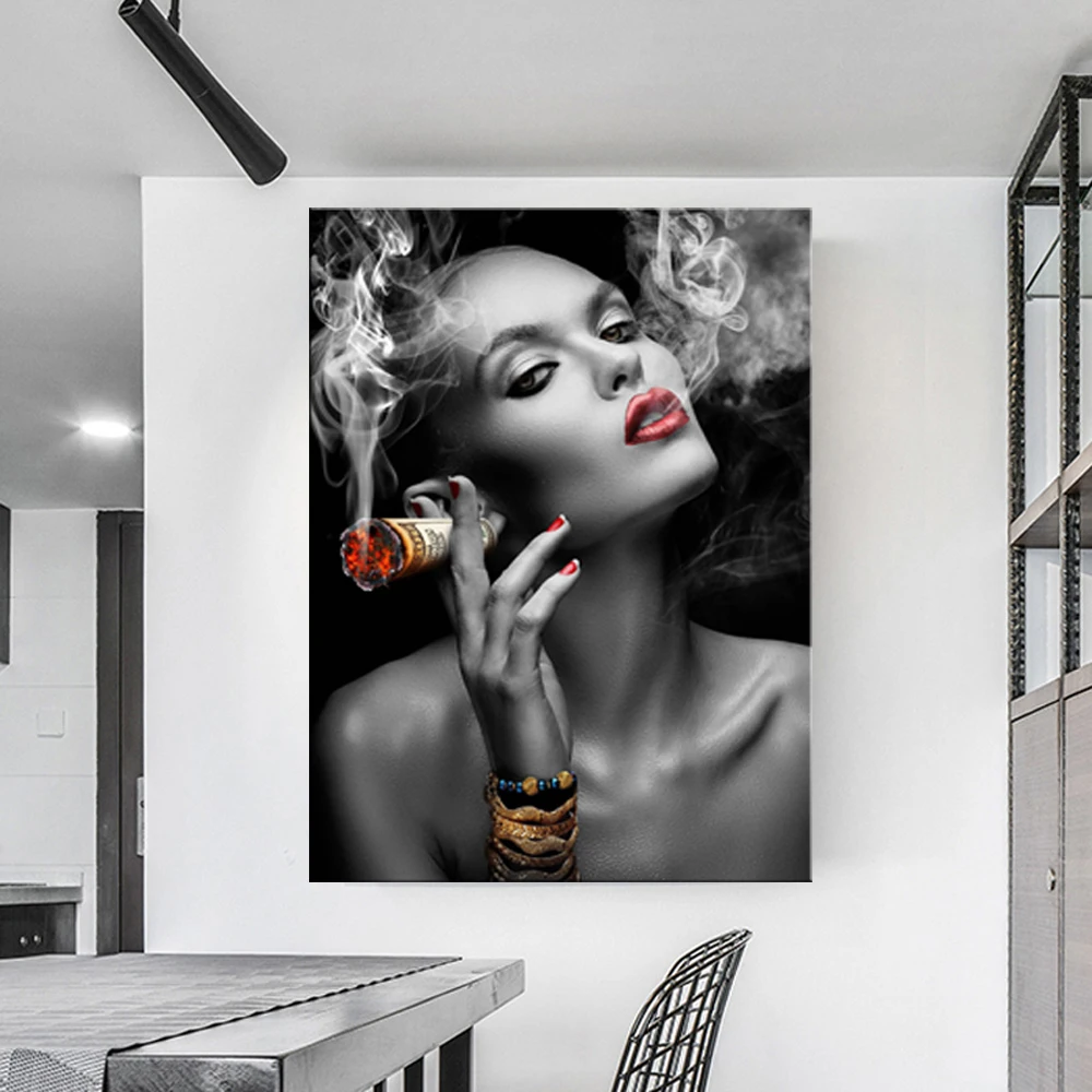 Modern Wall Art Sexy Red Lips Hot Women Smoking Dollar Canvas Painting ...