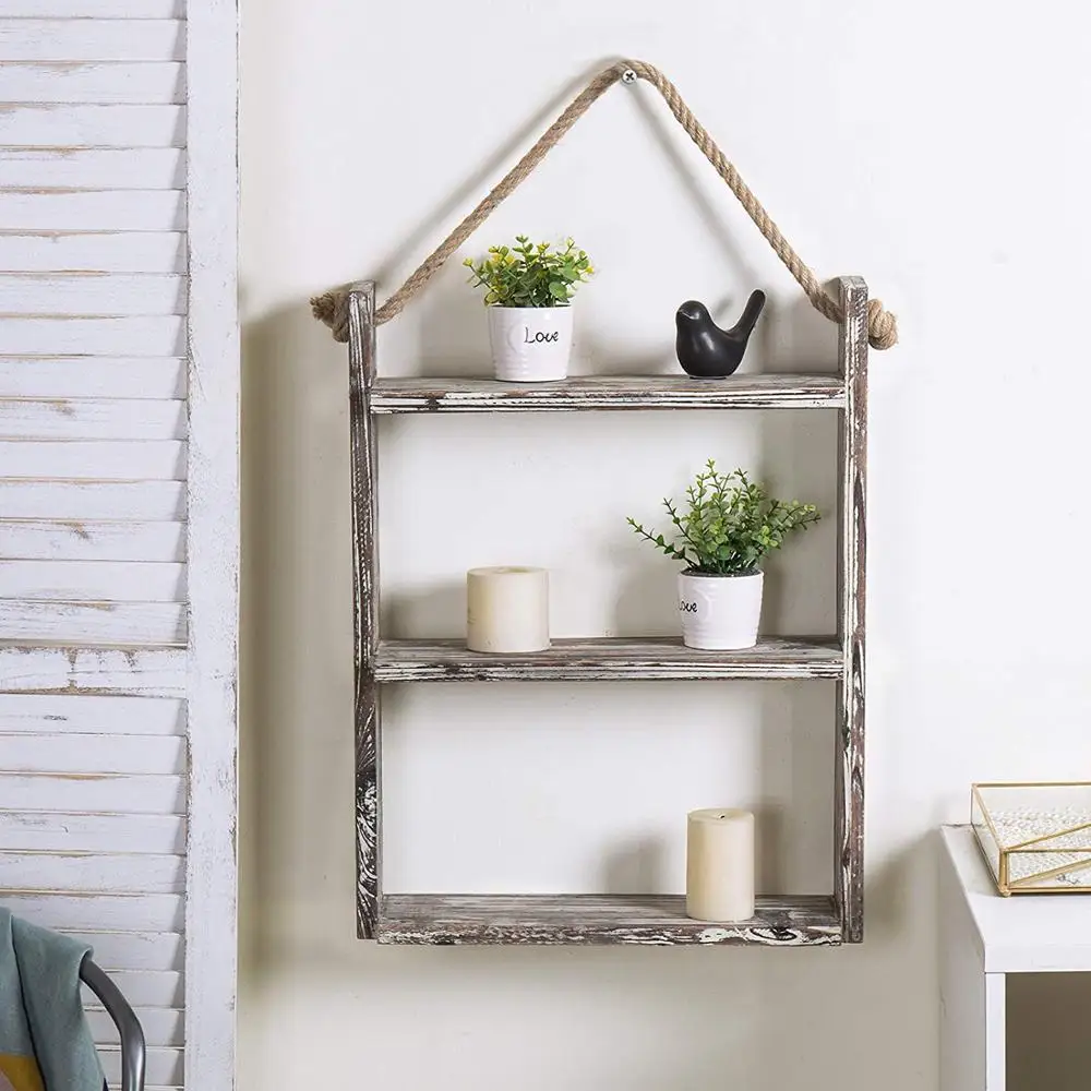 Antique Threetied Antique Wooden Wall Shelf With Lanyard Shelf Wall