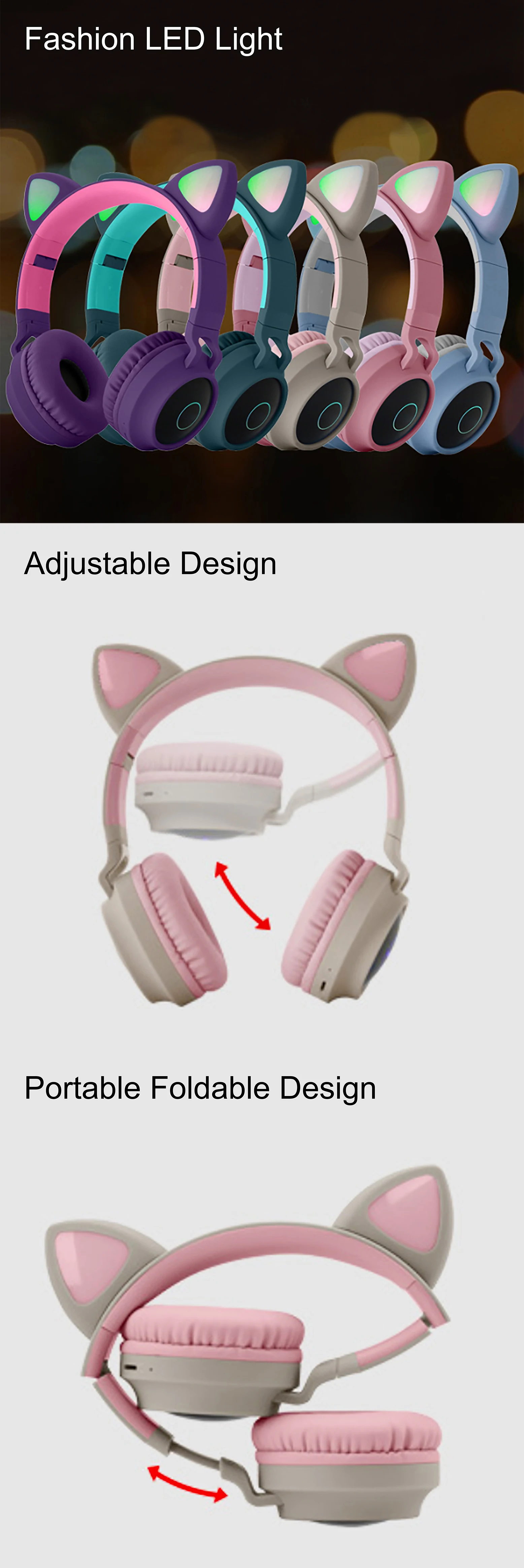 Foldable Bt028c Wireless Cat Ears Headset Cute Cat Headphones For Girls