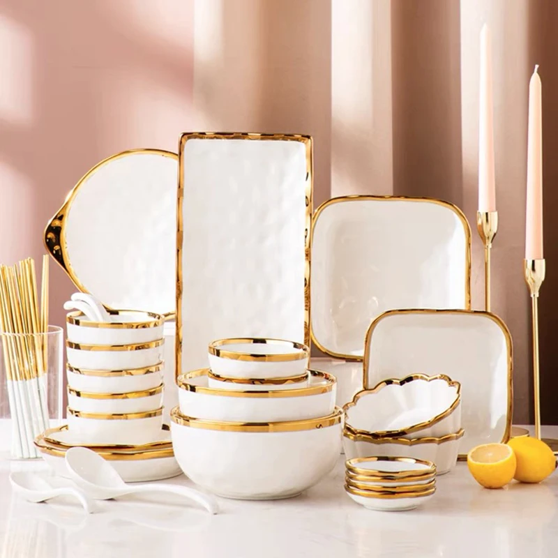 Nordic Style Luxury High Quality Ceramic Tableware Dishes and Plates Bowls Gold Rim Porcelain Dinner Set Ceramic Dinnerware Set supplier