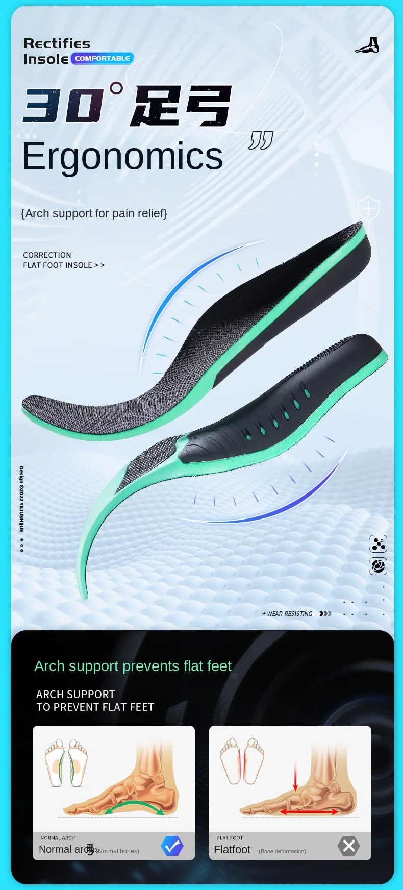 Sports Comfort Insole for Men Women High Arch Support Flat Bottom Sweat Absorbent Breathable Walking Posture Trainer Insole