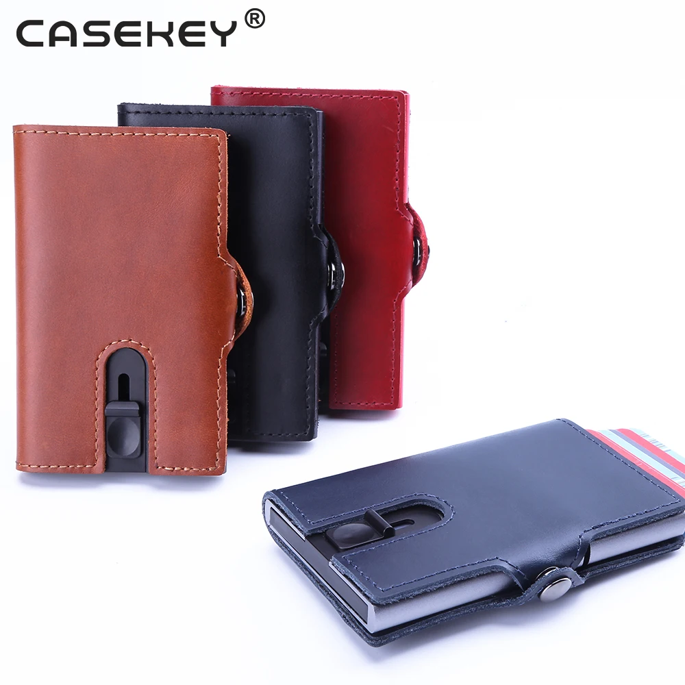 Casekey Extra Thin Anti Theft Rfid Blocking Aluminum Metal Card Holder Oil Wax Leather Wallet for Men Women with Coin Pocket