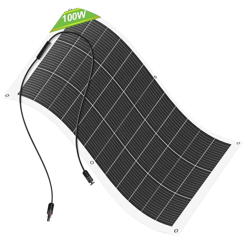 Close-up of MC4 connectors on a 100W monocrystalline solar panel with weatherproof sealing