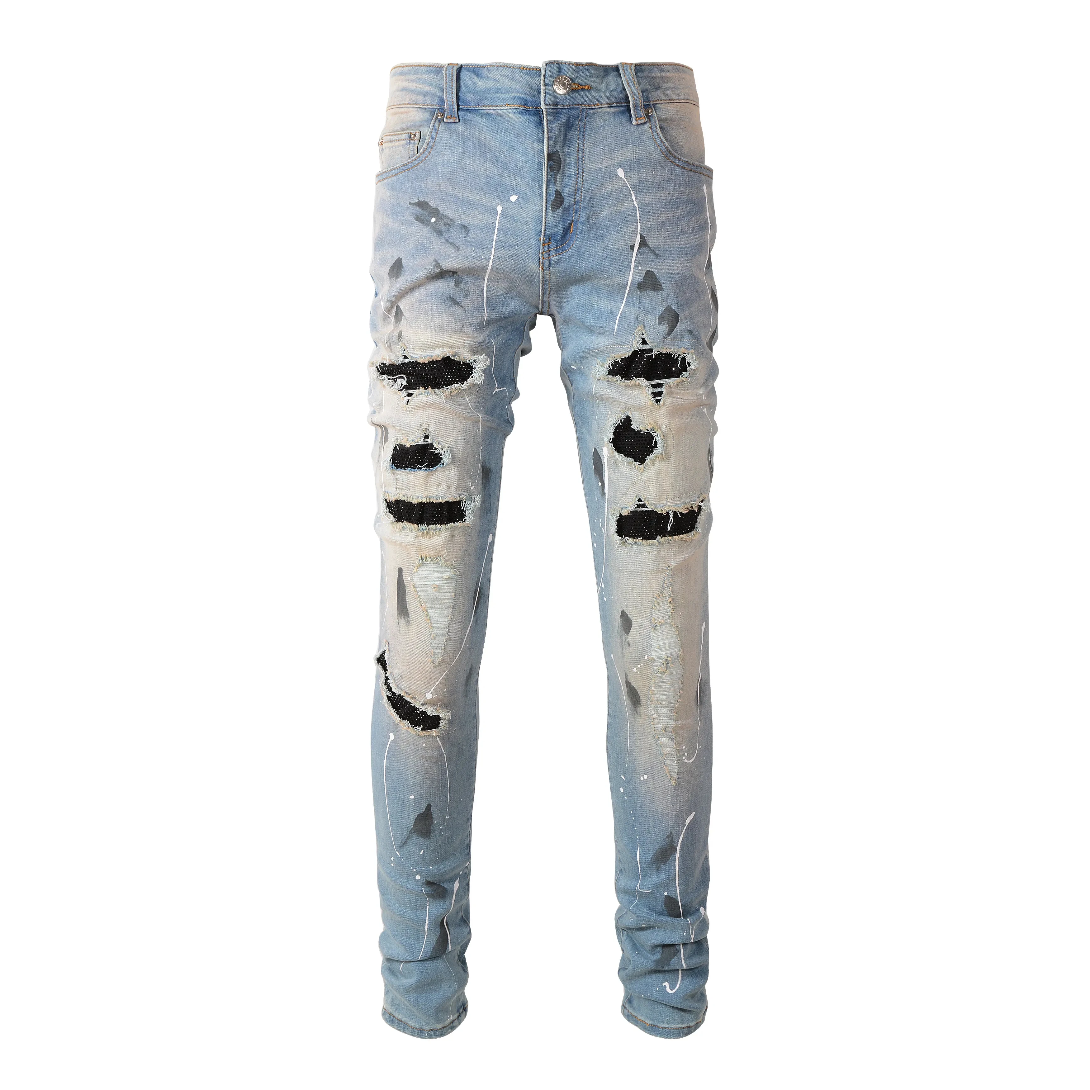 Damaged Paint Skinny Jeans Patch Jeans for Men Streetwear 