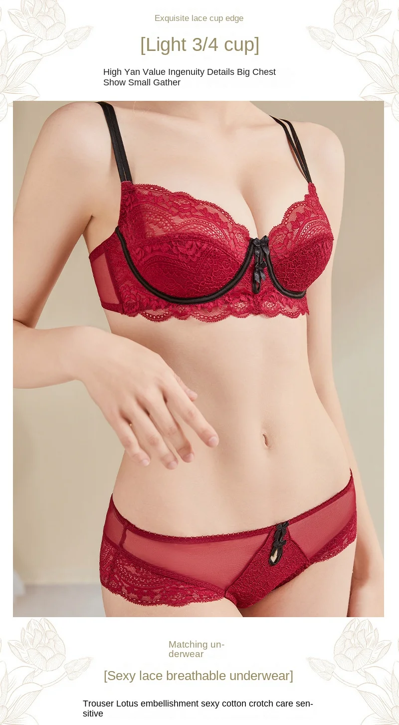 Benmingnian Red Lace Bra Thongs European American Sexy Ultra-Thin Underwear Adjustable Straps Pure Big Chest Showy Large Size