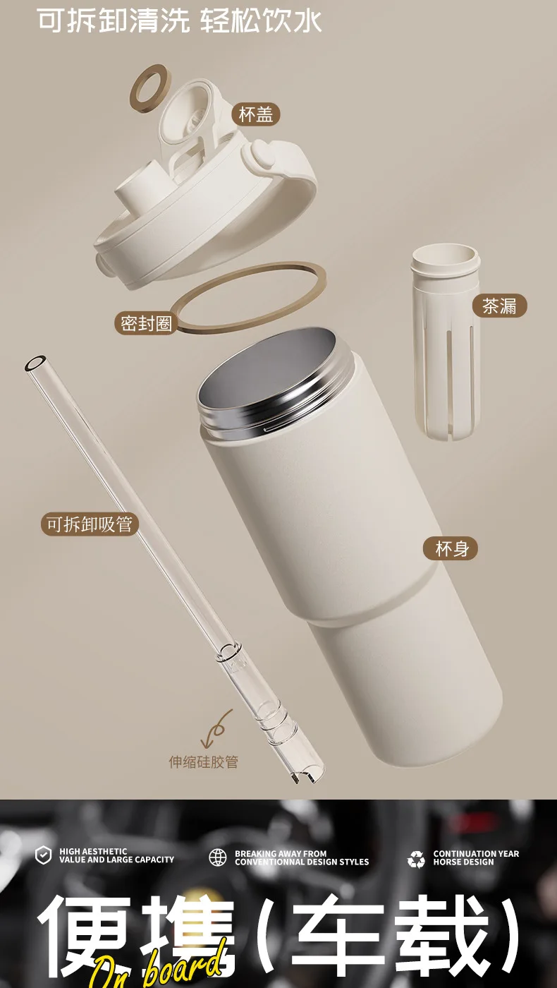 Large Capacity Stainless Steel Vacuum Flask Thermos Cup Striped Ceramic Liner Car Cup Tea Coffee On-The-Go Beverages