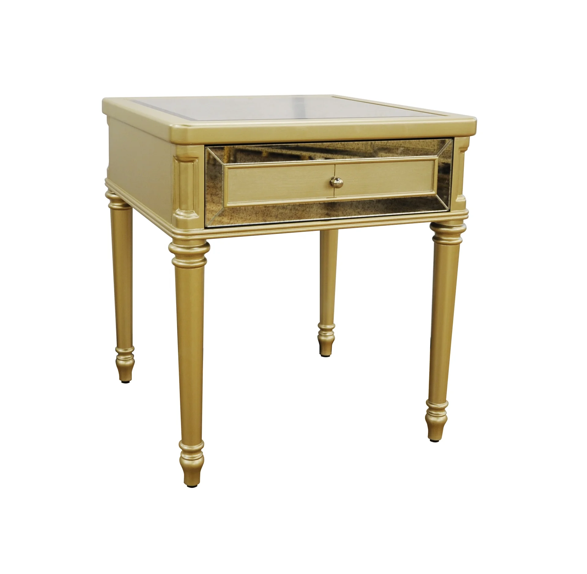 Modern Fashion Hot Selling Handmade Gold Painted Antique Mirror End table with 1 drawer Nightstand Side table