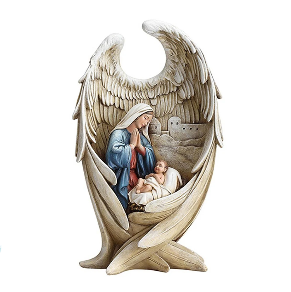 Mother Mary And Baby Jesus In Angel Wing Resin Nativity Figurine