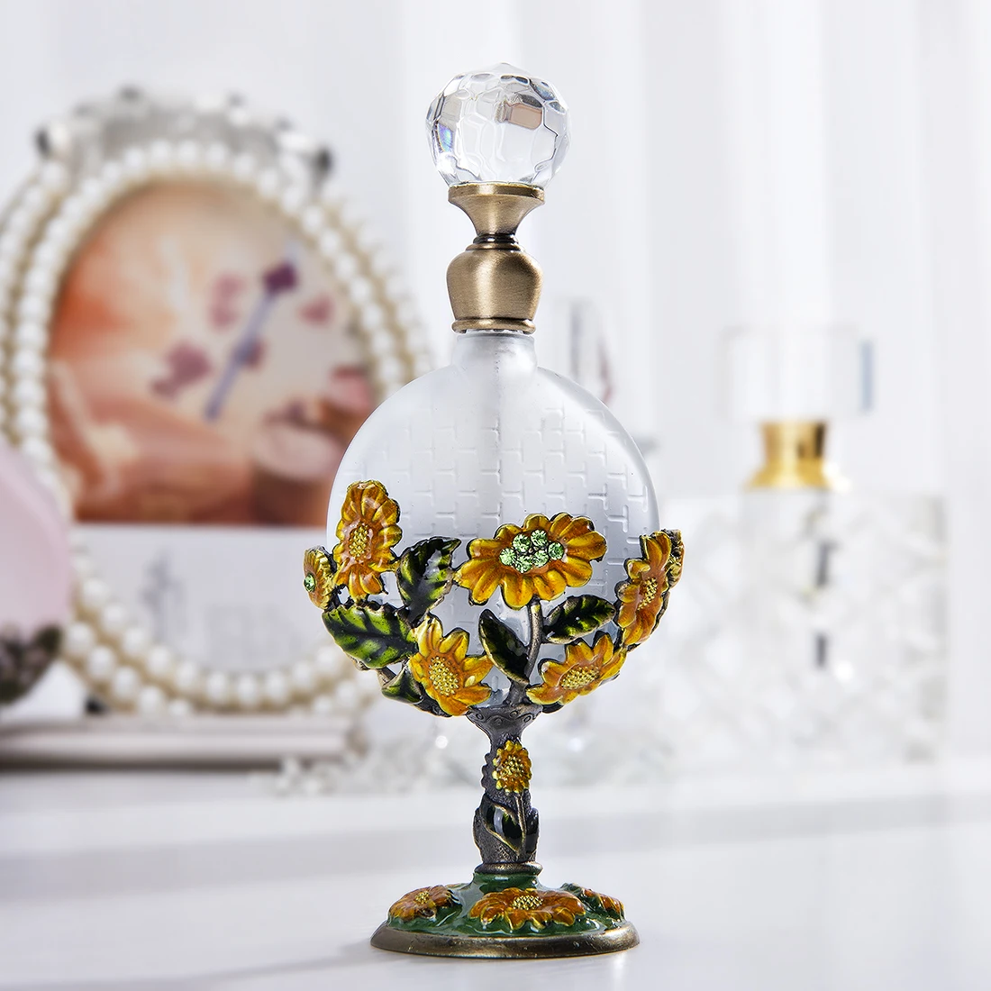 H&d Clear Vintage Sunflower Perfume Bottle Jeweled Crystal Empty