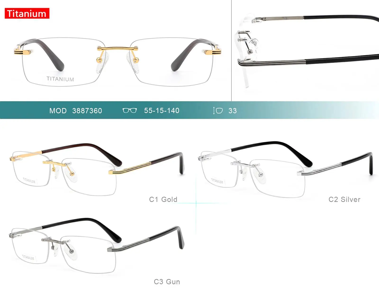 W-3887360 New Classic Rectangle Rimless Titanium Solid Durable Optical Frame Eyeglasses for All Face Shape Spectacle Eyewear