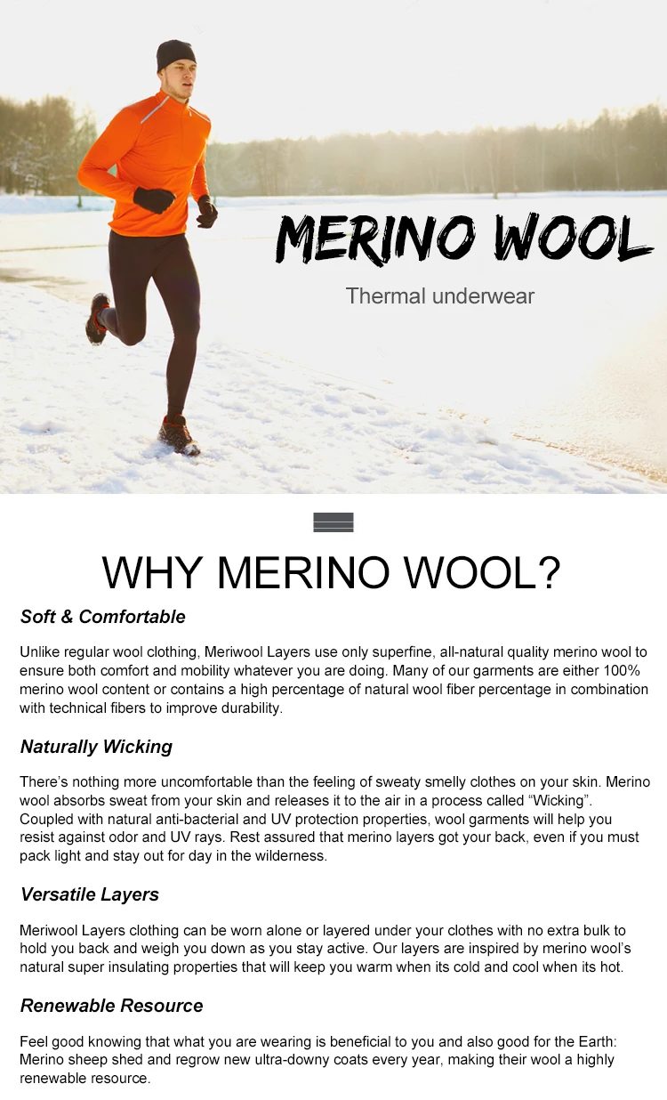 100% Merino antibacterial thermal odorless underwear