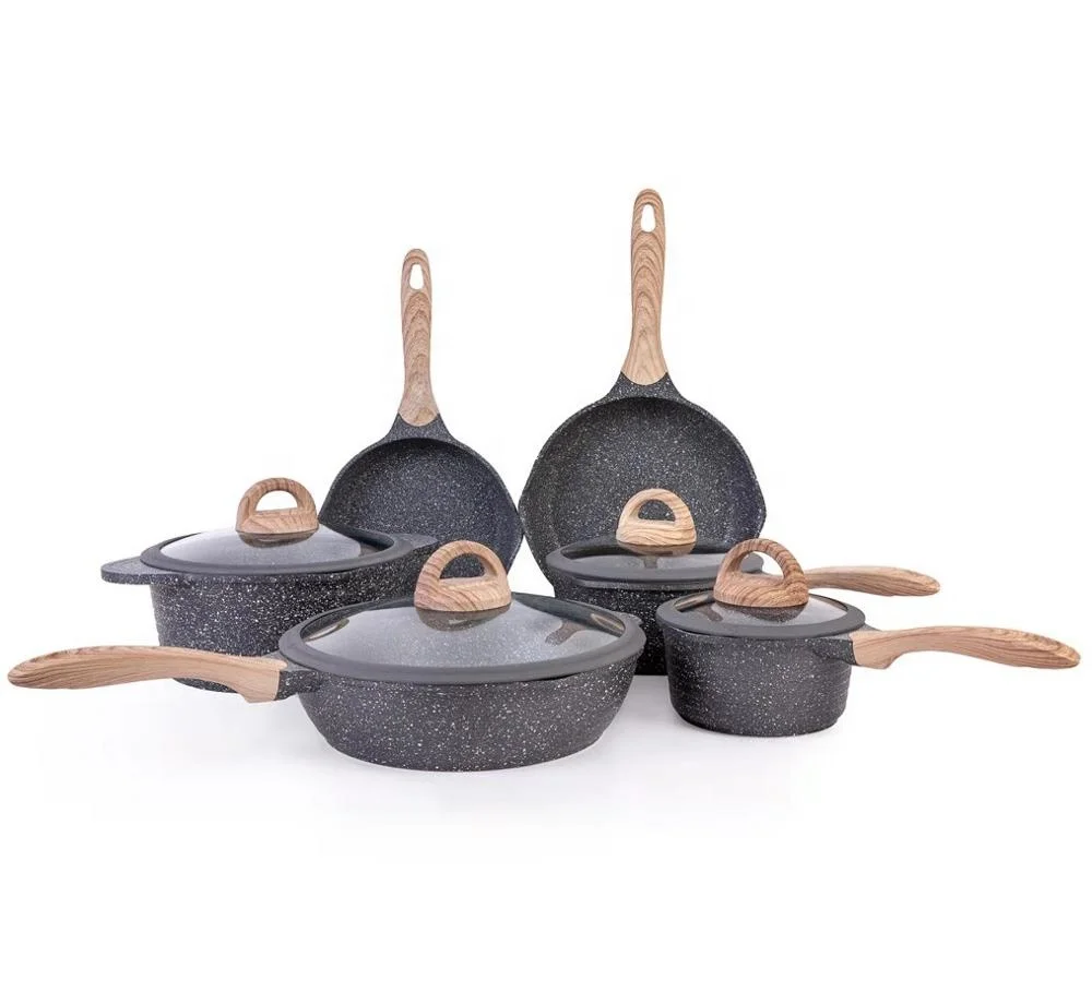 10 件压铸铝不粘锅厨房炊具和平底锅套装石材大理石炊具设置感应底部