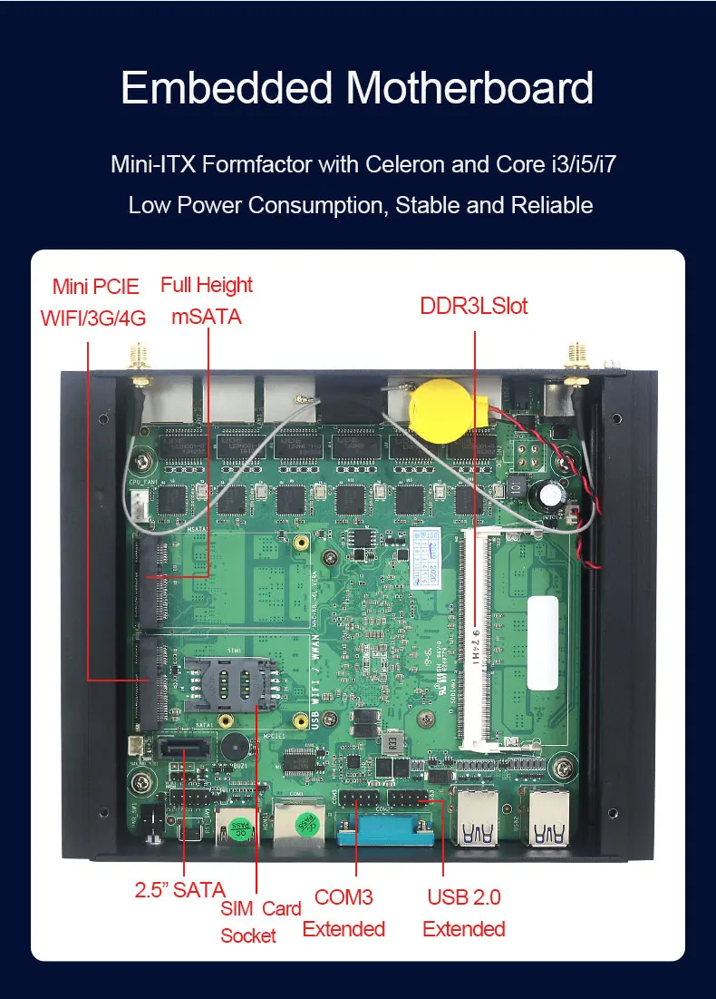 Fanless Industrial Mini Pc 6 Ethernet Ce-leron 2955U 3865U 3G 4g Lte Pfsense Firewall Router Server Barebone Desktop computer
