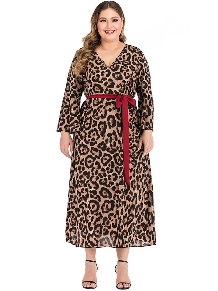 Spring Women Loose Long Sleeve V Neck Red Tie Lace Up Sexy Plus Size Leopard Maxi Dress