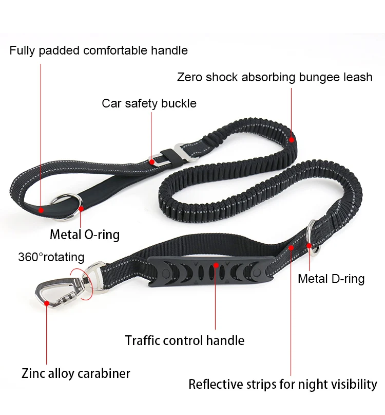 Durable Highly Reflective Nylon Bungee Dog Leash With Padded Handles