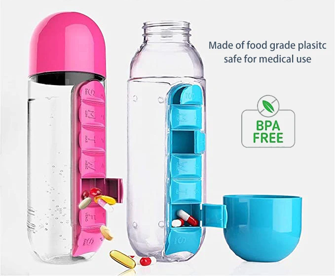 Portable Water Bottle Weekly Pill Cup Case , travel Multi Function Pill Bottle, Outdoor 7 Compartments pill Organizer box 20oz
