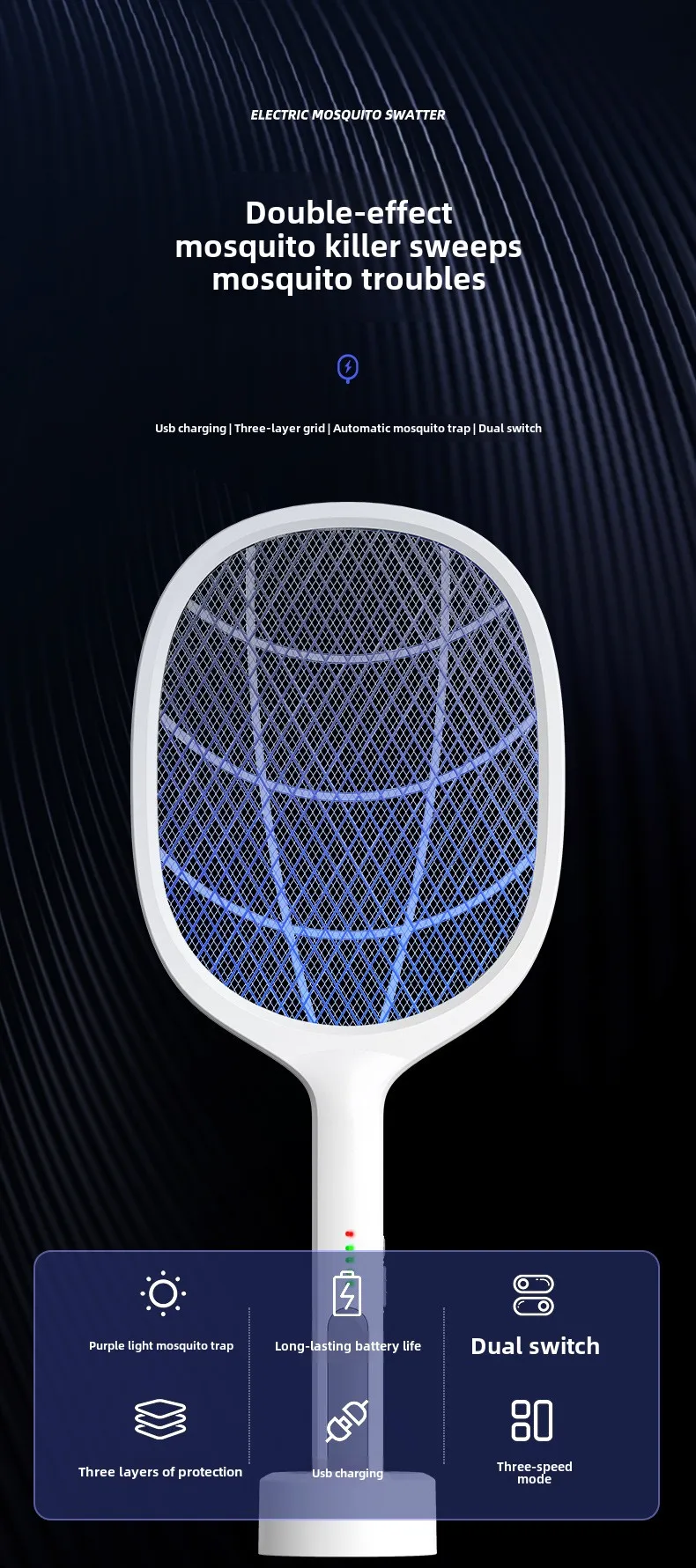 Three-in-One Household Electric Mosquito Killer Lamp Silent Swatter with Effective Physical Repellent Rechargeable