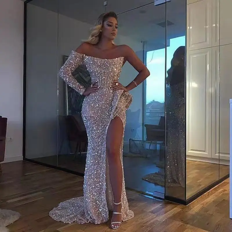 sparkly glitter prom dresses White Iridescent Sequin Long Prom Gown with Slit,DS4991 – DSProm main image 0