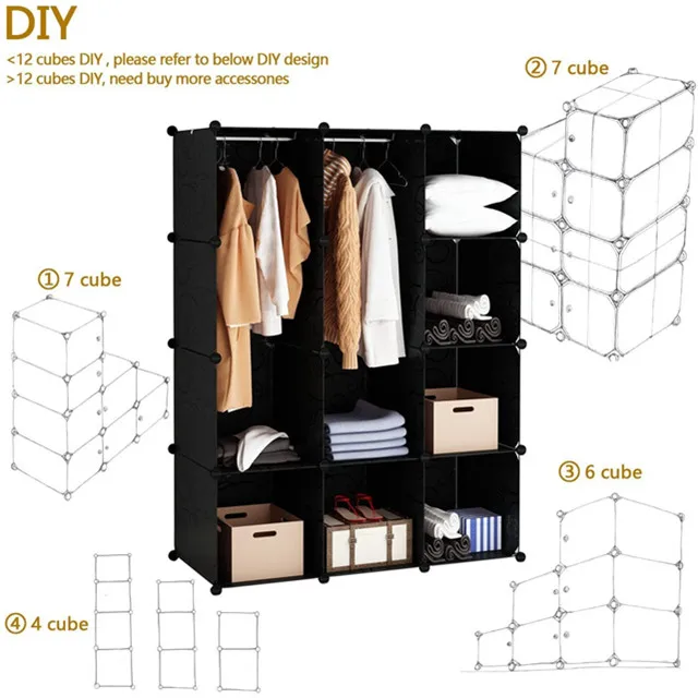 Armário portátil de 12 cubos, guarda-roupa de plástico com portas e 2 cabides - cubos mais profundos do que o normal (14 polegadas vs 18 polegadas) para grande espaço