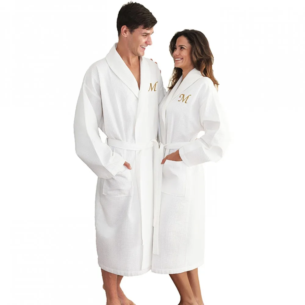 aztex Personalised Polycotton White Shawl Collar Waffle Dressing Gown with Coloured Piping 
