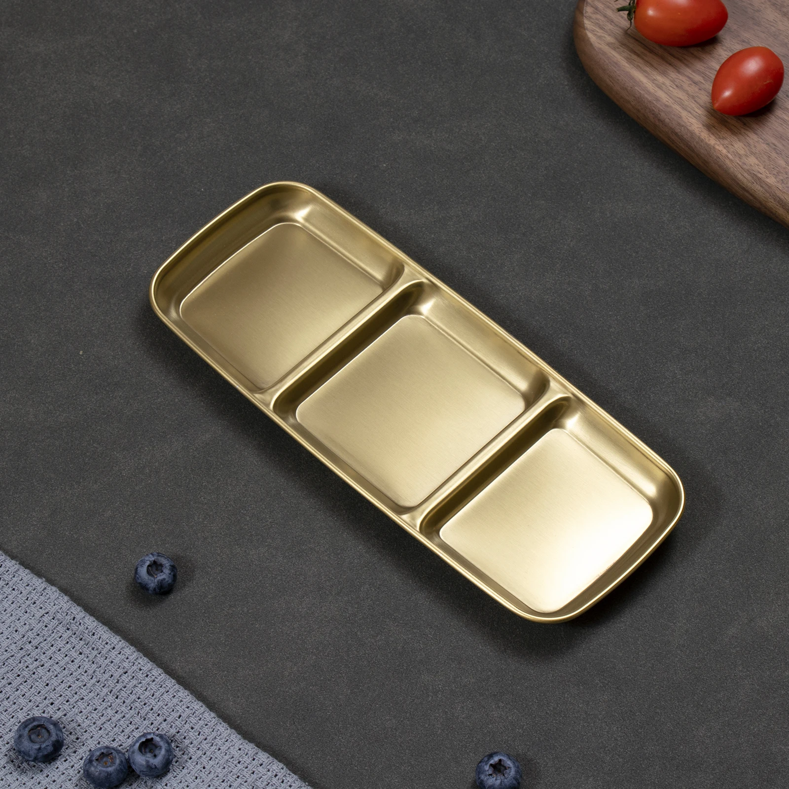 Fts Soy Dishes Compartment Korean Restaurant Round Seasoning Stainless Steel Serving Gold